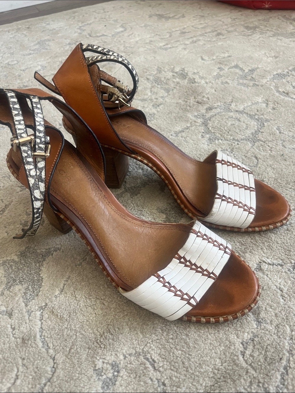 Coach Women's Brown & White Woven Leather Block Heel Sandals